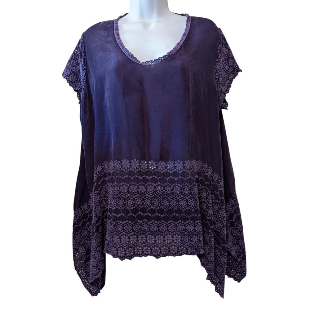 Johnny Was Royal Purple Lacy Boho Indie Blouse Plum Tunic Top Size Medium